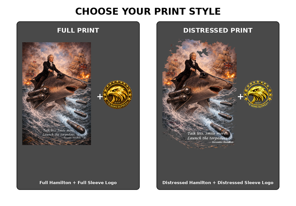 A product customization graphic showing two print style options side by side: Full Print and Distressed Print. Each option features Alexander Hamilton on a shark, firing torpedoes at British ships.