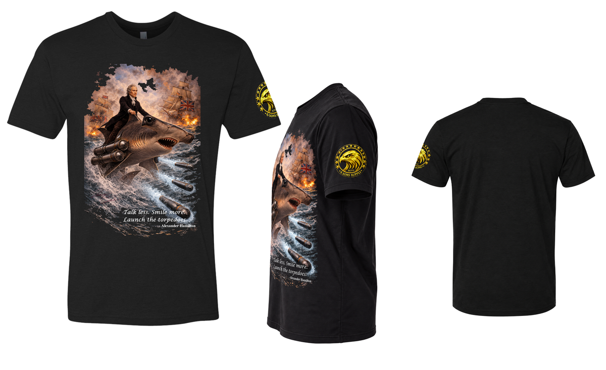 Collage showing front, left-side, and back views of a black 6 Sons Supply graphic T-shirt featuring Alexander Hamilton riding a hammerhead shark equipped with torpedo launchers amid British warships, with the eagle sleeve logo visible in the side view.