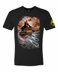 Black 6 Sons Supply graphic T-shirt featuring Alexander Hamilton riding a hammerhead shark equipped with torpedo launchers amid British warships, with the eagle sleeve logo visible on the left sleeve.