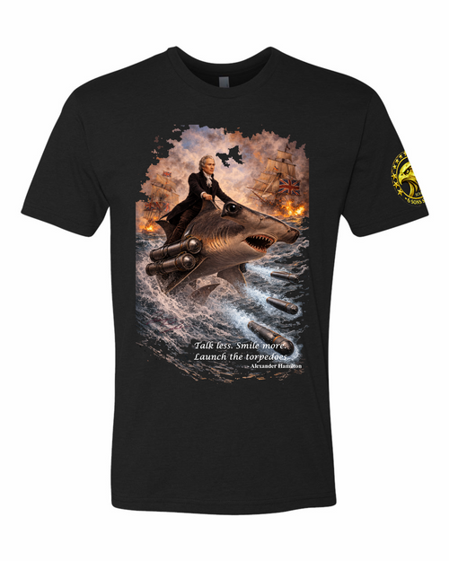 Black 6 Sons Supply graphic T-shirt featuring Alexander Hamilton riding a hammerhead shark equipped with torpedo launchers amid British warships, with the eagle sleeve logo visible on the left sleeve.