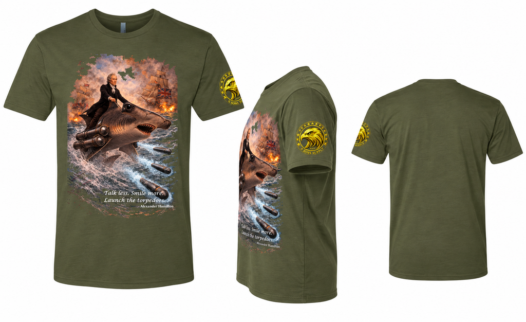 Collage showing front, left-side, and back views of a military green 6 Sons Supply graphic T-shirt featuring Alexander Hamilton riding a hammerhead shark equipped with torpedo launchers amid British warships, with the eagle sleeve logo visible in the side view.